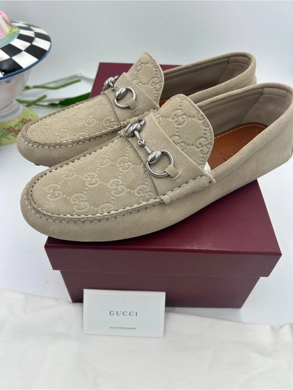Men's Gucci suede oatmeal GG embossed driver loafers size 8 fits nine US